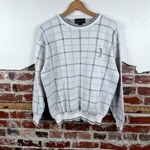 Vintage Fairway Sport Sweater Medium White Grey Plaid Cotton Crewneck Golf USA